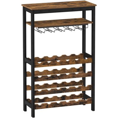 Bortartó állvány, 24 borosüvegnek, álló üvegtartóval, rusztikus barna 66x30x100cm