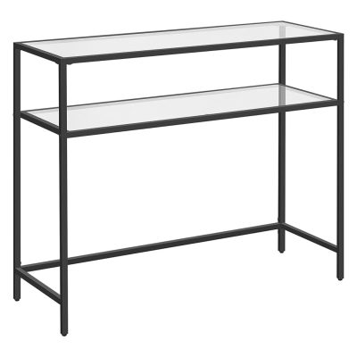 Konzolasztal 2 polccal, edzett üveg asztal fém kerettel, fekete