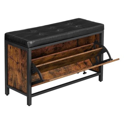 Cipőpad, cipőtároló párnázott üléssel, rusztikus barna és fekete