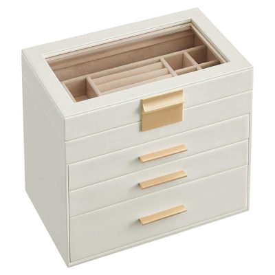 Ékszerdoboz üvegtetővel, ékszertartó, 3 fiókkal, felhőfehér és arany