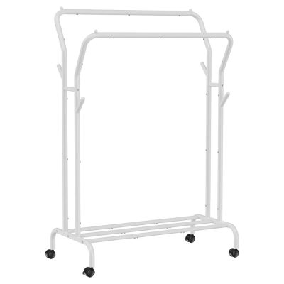 Nagy teherbírású ruhaakasztó,ruhaállvány kerekekkel és polccal, fehér