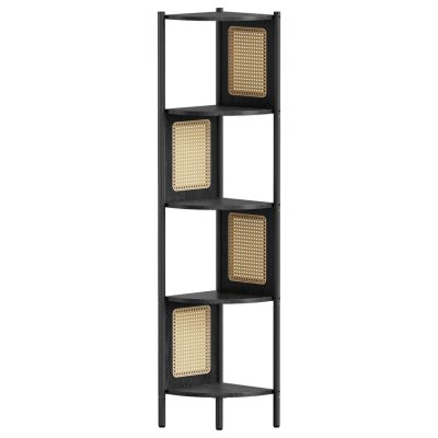 5 szintes sarokpolc, könyvespolc polirattan oldalakkal, 156x32x32 cm, ébenfekete