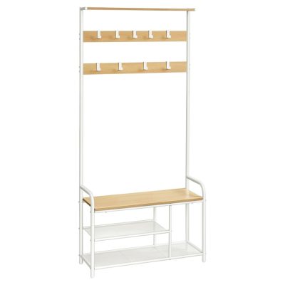 Kabáttartó állvány, előszobafal paddal és cipőtárolóval 30x85x180,5 cm, tölgy és fehér