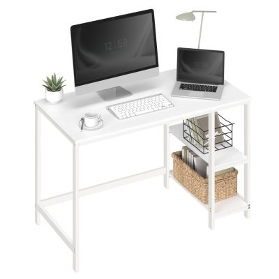 Számítógépes asztal 2 polccal, bal vagy jobb oldalra szerelhető polccal, fehér