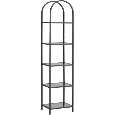 Könyvespolc, 5 szintes, edzett üvegből készült állópolc, fekete és szürke