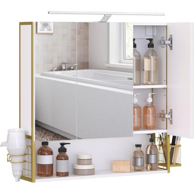 Fürdőszobai tükrös szekrény világítással, fehér-arany, 14,5×70×70 cm