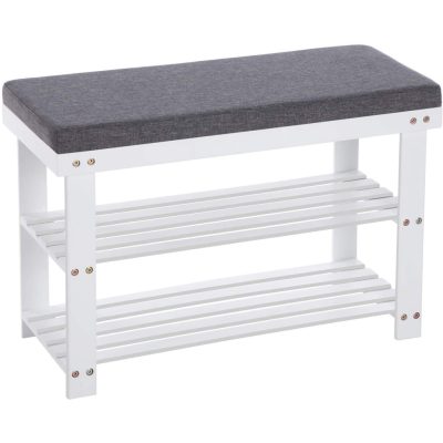 Bambusz cipőpad,2 polcos cipőtároló pad, fehér és szürke 71 x 29 x 49 cm