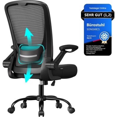 Irodai szék összecsukható karfákkal, ergonomikus számítógépes szék, fekete