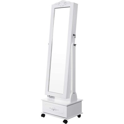 Tükrös ékszerszekrény kerekekkel és led világítással, zárható, fehér