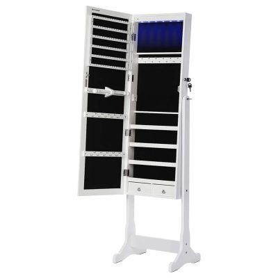 Led világító ékszerszekrény tükörrel, zárható ékszertartó 2 fiókkal, fehér