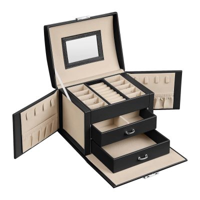 Ékszerdoboz, zárható ékszertartó 2 fiókkal, fekete