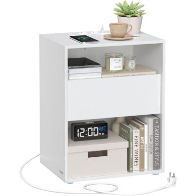 Ultragyors összeszerelésű, éjjeliszekrény, kisasztal elosztóval és fiókkal, matt fehér