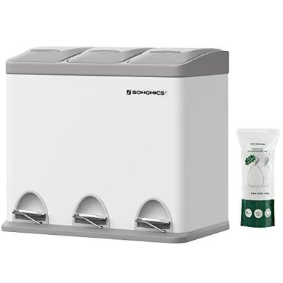 3 x 8 literes konyhai szemetes tetővel, fém pedálos, acél, könnyen tisztítható, fehér és szürke