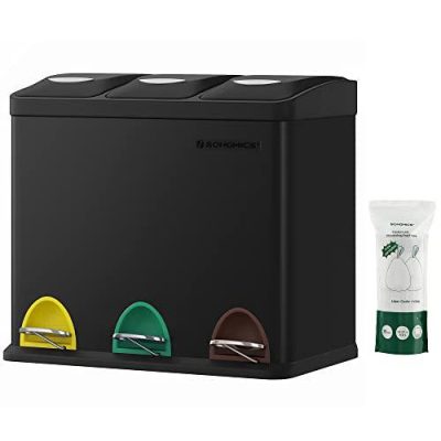 Kis szelektív konyhai hulladékgyűjtő, pedálos fedéllel, 3 x 8 literes vödörrel, acél, fekete