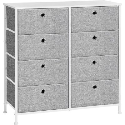 Komód, tárolóegység 8 könnyen kihúzható textilfiókkal, világosszürke és fehér színben