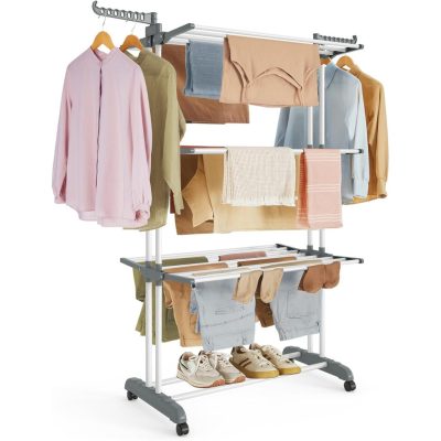 Összecsukható 4 szintes ruhaszárító állvány, mozgatható, 64 x 126 x 172 cm, rozsdamentes acél, lehajtható szárnyakkal, fehér