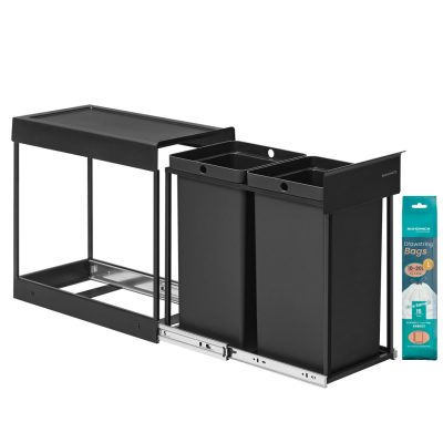 Beépíthető konyhai szemetes szelektív hulladékgyűjtéshez, 2 x 15 L dupla rekeszes, fekete