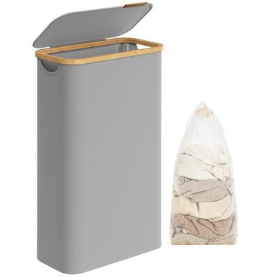 Fedeles mosókosár, 65L, levehető hálós bélés, bambusz fogantyúk, galambszürke