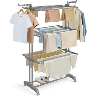 Összecsukható 4 szintes ruhaszárító állvány, mozgatható, 64 x 126 x 172 cm, rozsdamentes acél, lehajtható szárnyakkal, szürke