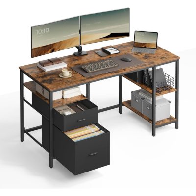 VASAGLE számítógépasztal, íróasztal 3 polccal, 60x140 cm, barna és fekete