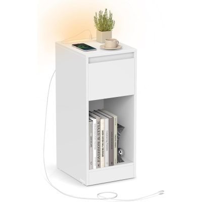 Keskeny éjjeliszekrény töltőállomással és LED-fénnyel, USB portokkal, fehér