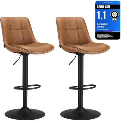 VASAGLE bárszék szett (2 db), magasságában állítható konyhai bárszékek, karamellbarna