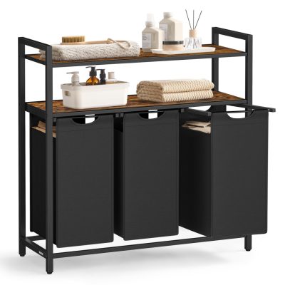 Szennyesszortírozó, szennyeskosár 3 kihúzható és kivehető zsákkal, 3 × 40 L, barna és fekete