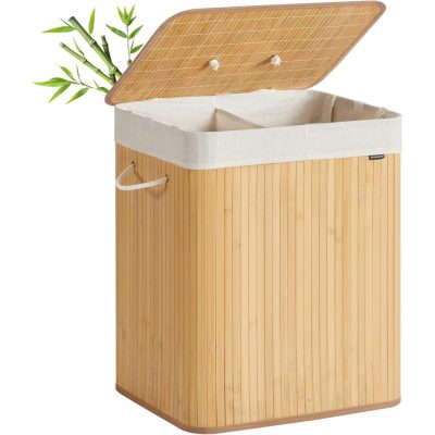 Szennyeskosár fedéllel, 2 rekeszes, 120 literes, bambusz szennyestartó, natúr
