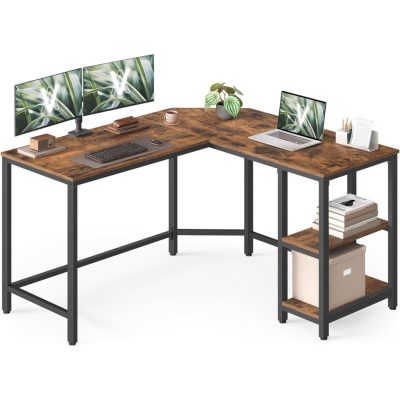 Számítógépasztal, L-alakú sarokasztal, 120 x 130 x 76 cm, rusztikus barna és fekete