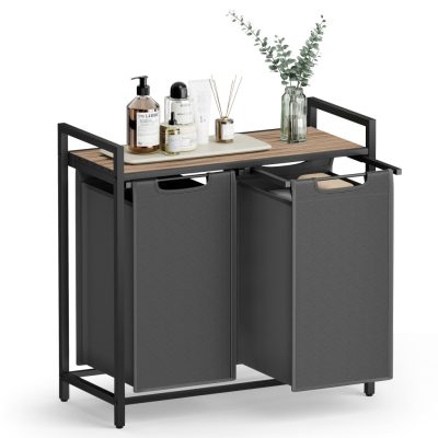 Szennyeskosár, 2 rekeszes szennyestartó, 2 × 46 l, 73 × 33 × 72 cm, tevebarna és szürke