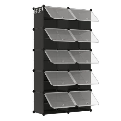 Összekapcsolható cipőtartó, 10 rekeszes műanyag cipőszekrény, fekete