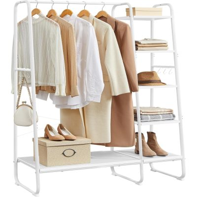 Ruhatartó állvány cipőtartóval, 5 szintes tárolópolccal, 45 x 120 x 160 cm, fehér