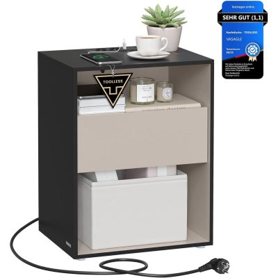 VASAGLE éjjeliszekrény, töltőfunkciós lerakóasztal, tintafekete–kapucsínó bézs