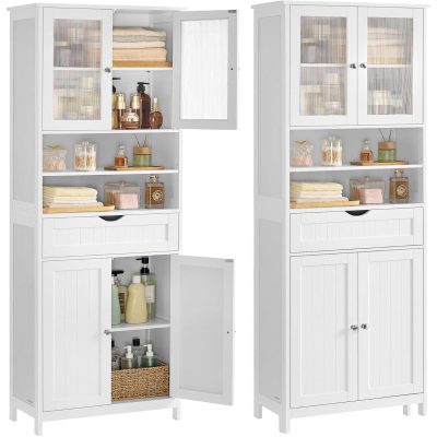 Tárolószekrény, szabadon álló fürdőszobai tároló állítható polcokkal, fehér