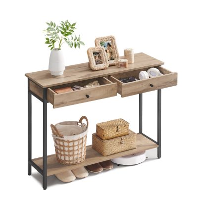 Fémvázas konzolasztal 2 fiókkal, ipari dizájn, tevebarna-fekete színben