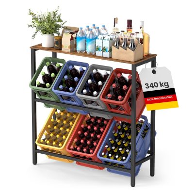 2 szintes, 4 rekeszes acél ital tároló állvány, vintage barna és fekete