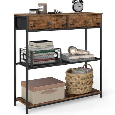 Keskeny konzolasztal 2 fiókkal, 3 szintes, rusztikus barna és fekete színben