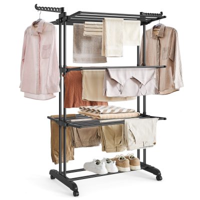 Összecsukható 4 szintes mozgatható ruhaszárító, rozsdamentes acél, fekete