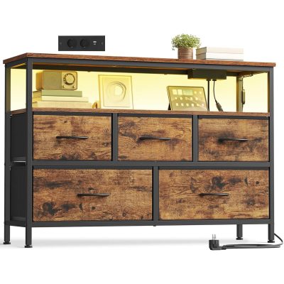 SONGMICS komód, TV szekrény, appal vezérelhető LED-világítás, vintage barna–tintafekete