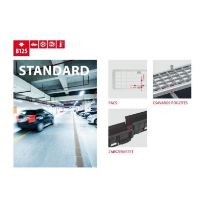 Alca Standard kültéri folyóka esővíz elvezetéshez horganyzott acél ráccsal (B125 terhelési osztály)