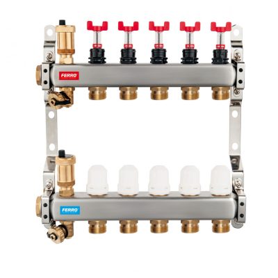 Osztó-gyűjtő 11 fűtési körrel, áramlásmérővel, rozsdamentes acél házzal 1"-3/4" FERRO