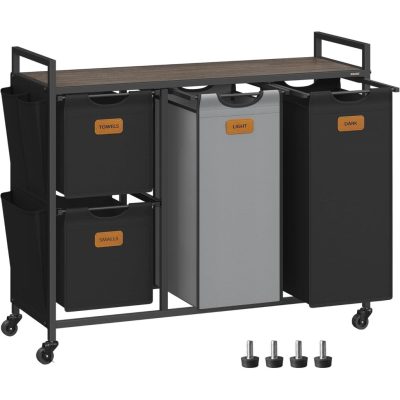 Szennyeskosár 4 rekesszel, 150 l-es ruhaválogató, fekete-szürke