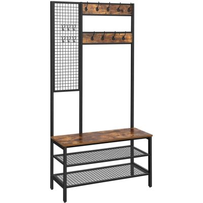 Kabáttartó, kabátállvány rácsfallal és cipőpaddal 97,7x185x40 cm, rusztikus barna és fekete
