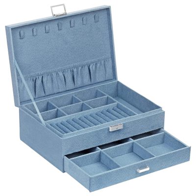 Ékszerdoboz, ékszertartó, 2 szint fiókkal és kulccsal, világoskék
