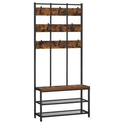 Kabáttartó 8 kampóval, ruhaállvány hálós polccal, rusztikus barna, fekete