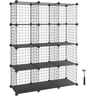 12 kockás rácsos tárolóállvány, egymásba illeszkedő polcegység, fekete