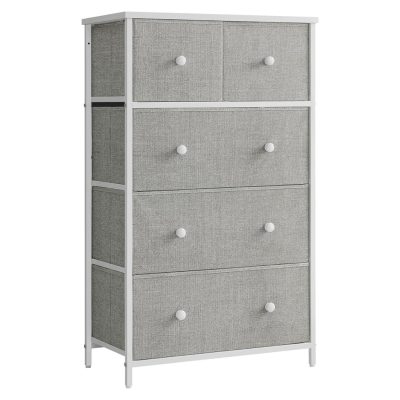 5 szövet fiókos komód, tárolószekrény, 30 x 56 x 93 cm, világosszürke fehér