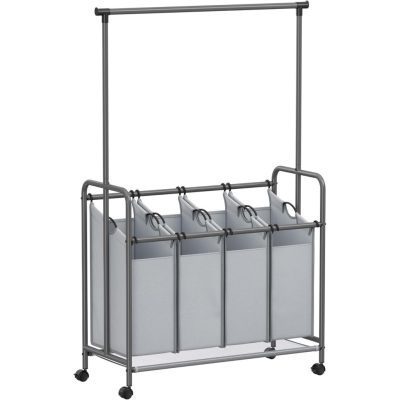 Nagy teherbírású 4 rekeszes szennyeskosár, ruhaszárító kerekeken, szürke