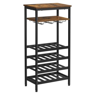 Palacktartó, bortartó állvány, pohártartóval, rusztikus barna-fekete