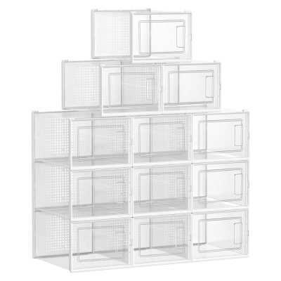 Cipős dobozok, 12 db egymásra rakható cipőtároló rendszer, átlátszó és fehér